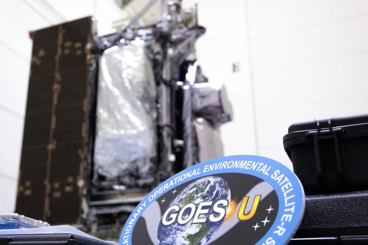 The insignia of NOAA's GOES-U weather satellite in front of the satellite in a clean room