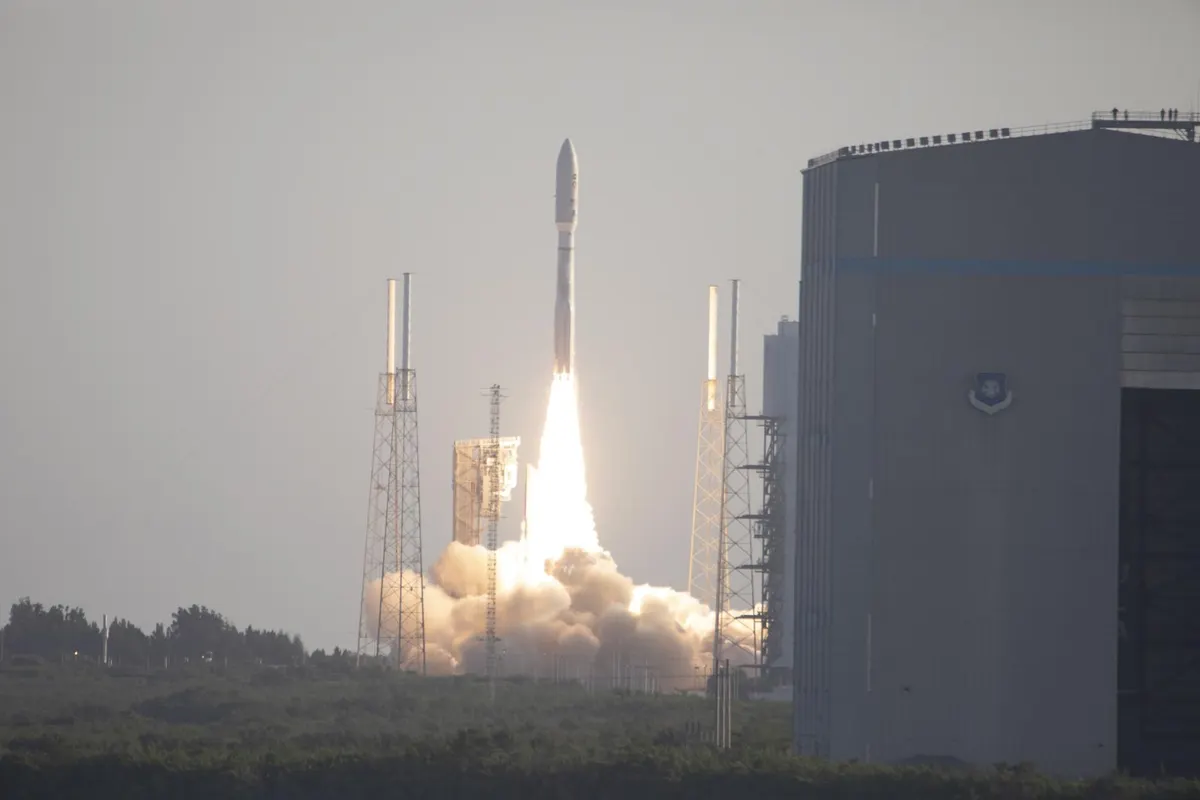 An Atlas V rocket carrying the Perseverance rover rising from its Florida launch pad