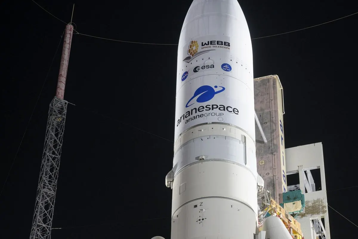 An Ariane 5 rocket with the James Webb Space Telescope on its launch pad in French Guiana