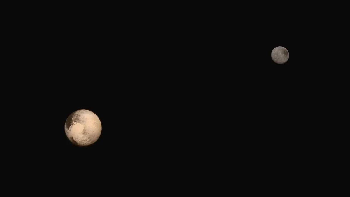 Pluto and its moon Charon floating in black space